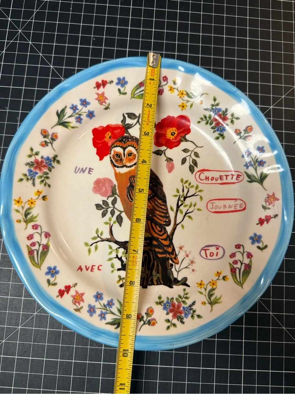 Cute Owl Ceramic Plate - Hand-Illustrated Floral Design- Nathalie Léte- anthro